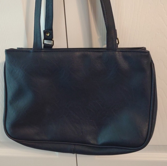 Vintage Blue 3 Compartment Faux Leather Women’s Shoulder Handbag Purse 12”x 8” - Picture 4 of 6